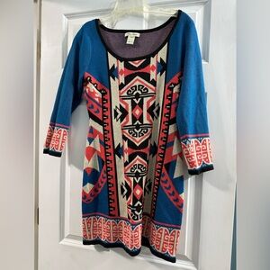 Flying Tomato Long Sleeve Knit Sweater Short Dress Aztec Tribal Medium